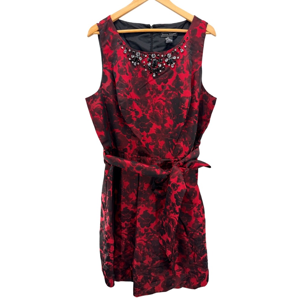 Jessica Howard Plus Size 16W Red Black Rose Party Dress Rhinestone Tulle Flared